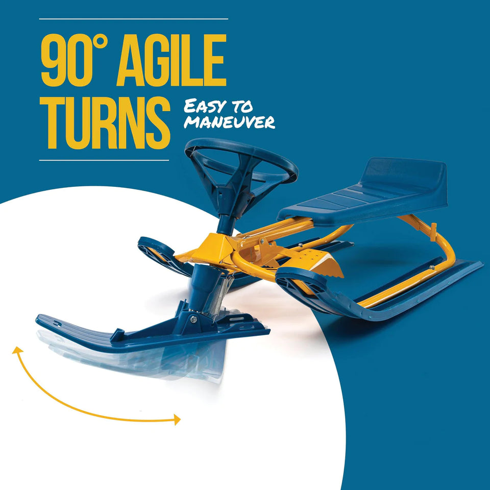 Frost Rush Snow Sled with Steering Wheel, Twin Brakes, Pull Rope & Safety Flag - Winter Racer Snow Sled for Kids and Adults for Sledding