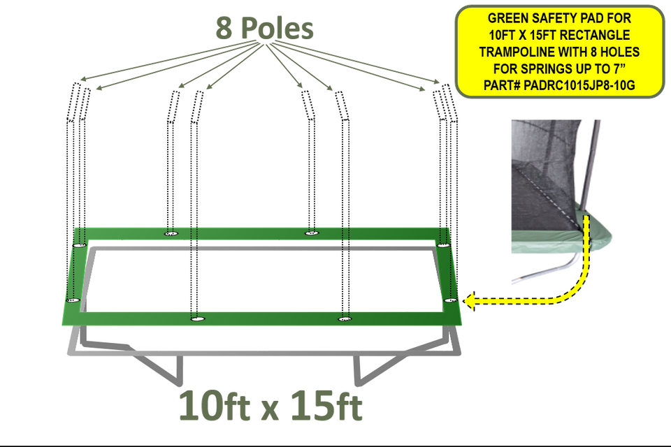 10ft X15ft Safety Pad For Green Rectangle Trampoline With  8 Holes For Springs Up To 7inch