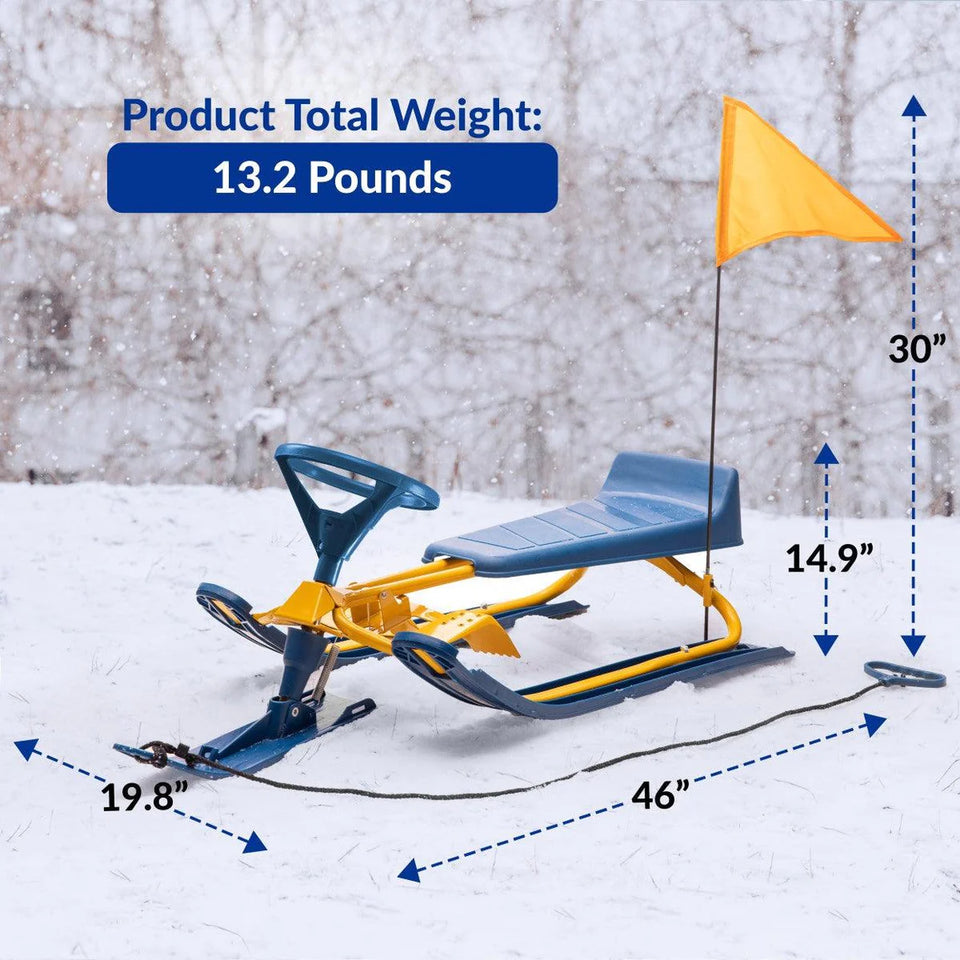 Frost Rush Snow Sled with Steering Wheel, Twin Brakes, Pull Rope & Safety Flag - Winter Racer Snow Sled for Kids and Adults for Sledding