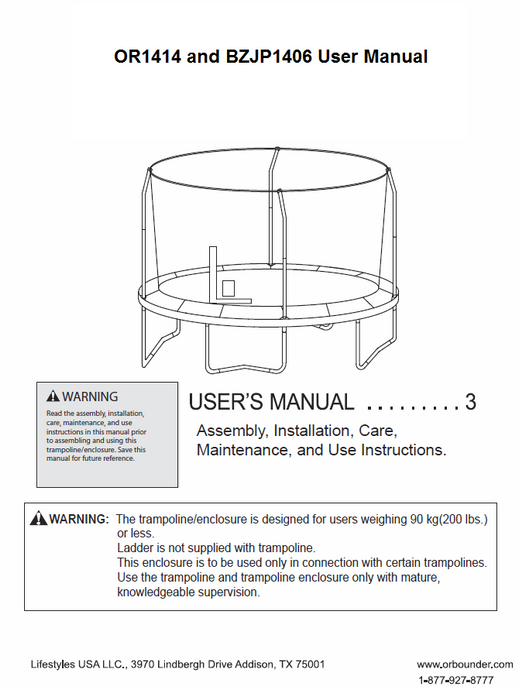 BZJP1406 and OR1414 User Manual - Trampoline