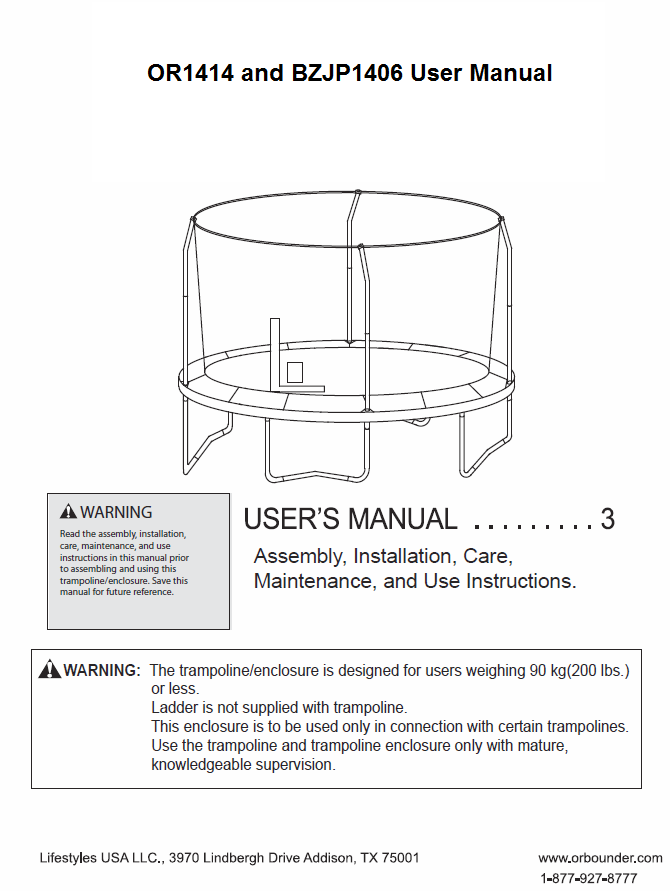 BZJP1406 and OR1414 User Manual Just Trampolines