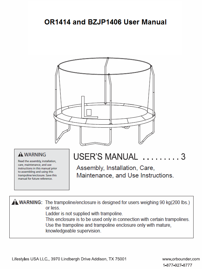 BZJP1406 and OR1414 User Manual - Trampoline