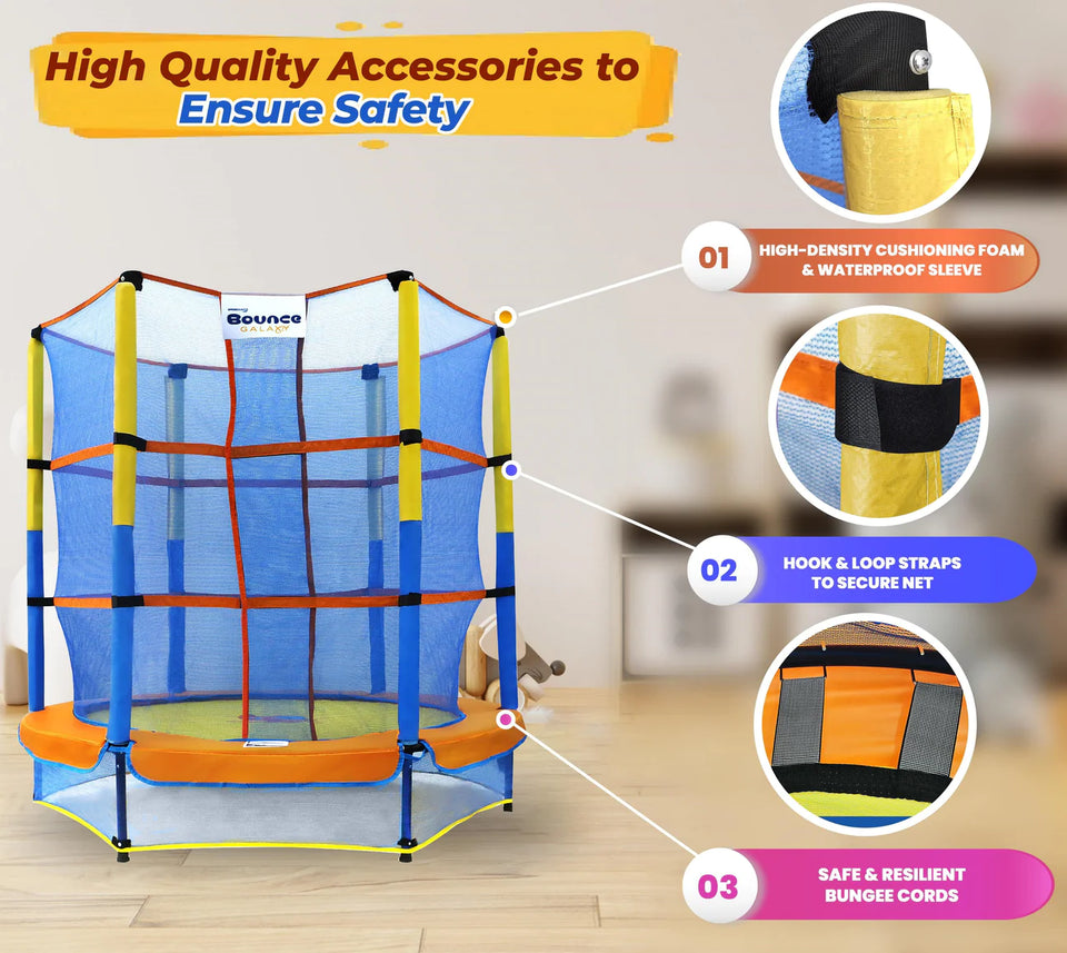 Upper Bounce Galaxy 60 Inch Indoor Trampoline with Safety Net Enclosure for Kids with stuffed airplane and keychain gift